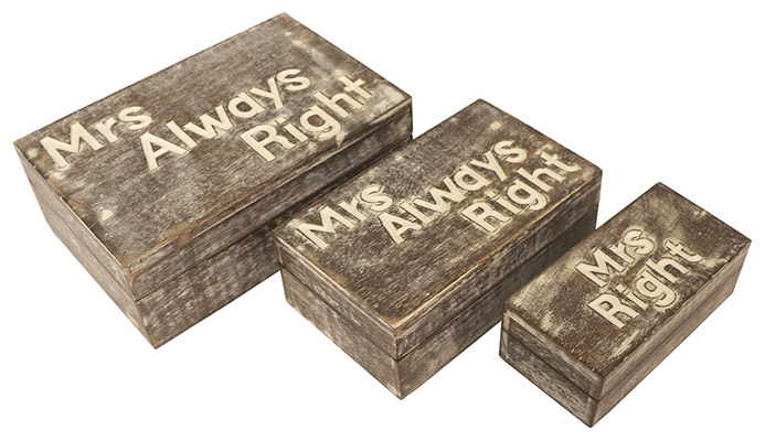 Mango Wood Set Of 3 Mrs Always Right Boxes Burnt White Finish
